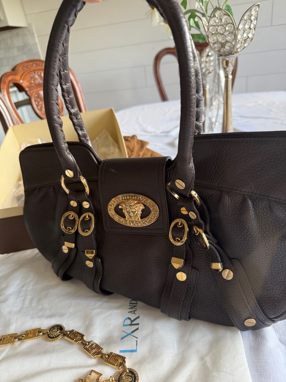GIANNI VERSACE Brown Leather Tote Handbag with Gold Medallion Hardware